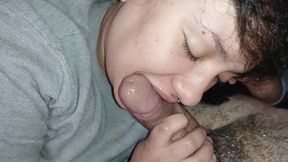 HANDJOB AND BLOWJOB ON HARD COCK, bitch rolls and eats to the bottom with a lot of horniness