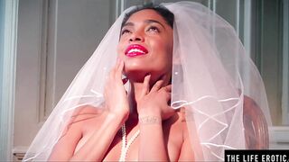 Turned On ebony bride masturbates to an orgasm on her wedding night