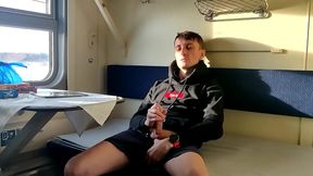 Guy in Hoodie Masturbates Intensely Alone in Train Cabin