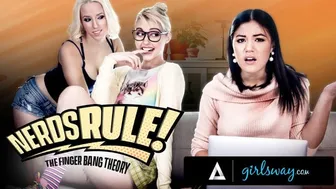 Nerdy roommates Kendra Spade and Chloe Cherry fuck a friend in a sitcom parody