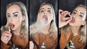 Leather Queen Chain smokes pall mall Close up