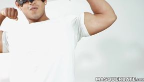 Muscled Kenzo Alvarez jacks off his big cock with fleshlight