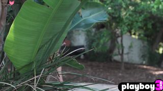Tiny blonde teen strips in the garden