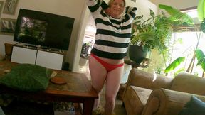 stepmom is hanging out in her underwear in the living room