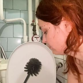 dirty toilet licking, toilet brush, spit from the floor