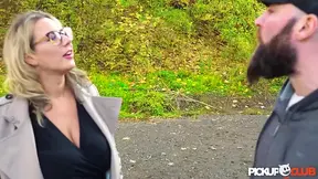 Big-titted German language professor Kathy deep rides and sucks outside in