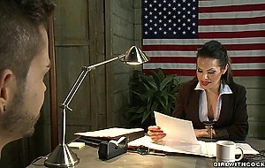 Corrupted busty TS agent bangs man