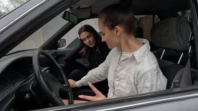 Bored girls learning to drive and competing to see who can drive the fastest