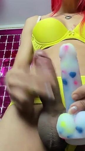 Stepsis Yellow Underwear Dildo and Cumshots