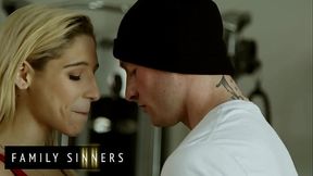 FAMILY SINNERS - Blonde Babe Rides Her Stepbrother'_s Cock In The Gym, Then Takes His Cum On Her Pussy