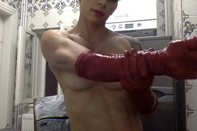 topless flexing with latexgloves