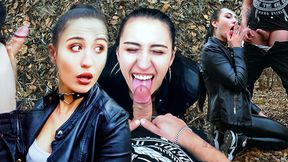 Leather-clad beauty gets nasty outdoor blowjobs and facefucks with messy facial cumdump