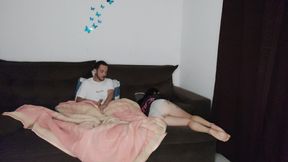 hot stepmother shares sofa with stepson while husband is traveling