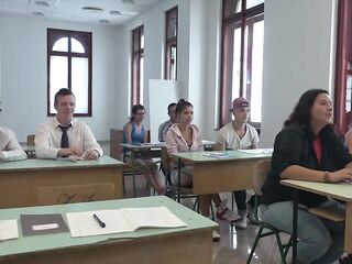 College students bang their professor in class in front of colleagues