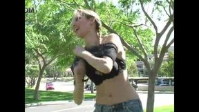 Beautiful blonde Callista goes wild in the public nude