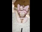 Wet pussy spread wide on fluffy rug 💘