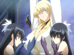 Chained hentai threesome gets squeezed huge boobs