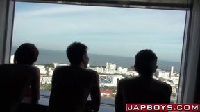 Young gay fills mouth with two cocks in Japanese threeway