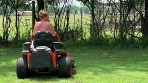 Titties out Riding lawnmower outdoors
