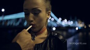 Slut blows long cock at night and gets her face covered with cum