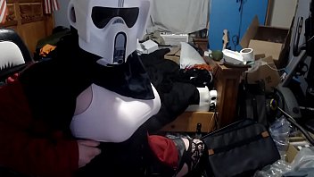 Crossdresser storm trooper mask spread eagle pumping cock