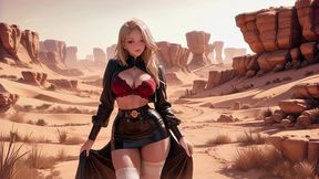 ai generated – so hot! blonde goddess in glossy black skirt gets wet in desert sunlight