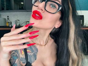 Bright red long nails, finger sucking, black lace lingerie