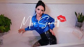Scarlett's royal blue satin blouse and leather skirt (WAM)