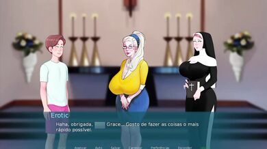 Naughty nun deepthroat blowjob in hentai game cum in mouth