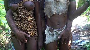 Skinny ebony slave girl serves village vixens in the forest