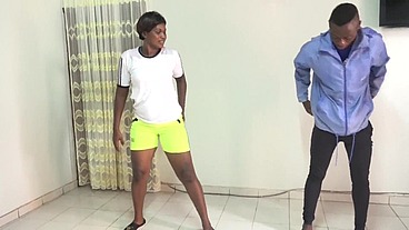In the gym with her coach where she is sent in the air during training and gym sessions