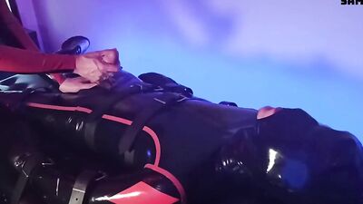 Edging & huge orgasm for the rubber slave