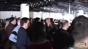 Three slutty girls get DP on stage while audience cheers