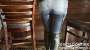 MILF Greta wets & re-wets herself, soaking her jeans and boots in a busy bar! HD WMV