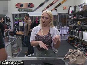 Curvy pawnshop MILF with big pierced boobs fucked in office