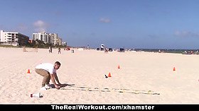 Chesty blonde rails trainer after the beach sesh