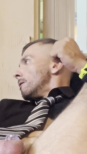 Businessman Gets Fucked by a Sex Machine and Cums in a Chastity Cage