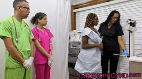 Female & Male Medical Interns Examine Ebony Patient Giggles