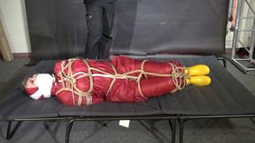 Alice tied and gagged in shiny nylon Raingear