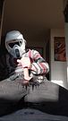 Stoned stormtrooper jerks off while desperate to pee