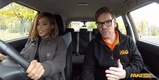 A beautiful black girl came to a fake driving school to suck the instructor's cock and maybe learn how to drive a car