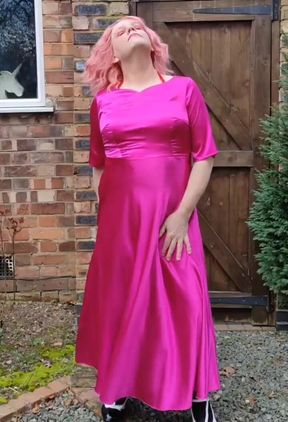 Sexy crossdresser hot pink full length satin