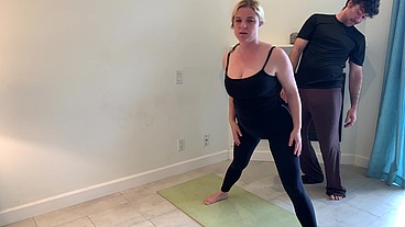 Stepson helps stepmom with yoga and stretches her pussy