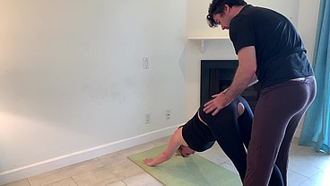 Stepson helps stepmom with yoga and stretches her pussy