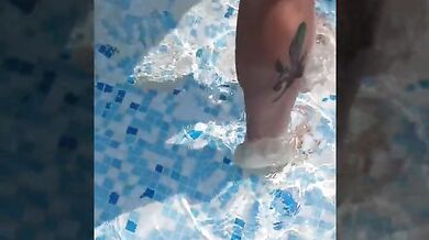 Milf by the pool gets fucked in front of everyone while her tattooed body drips cum