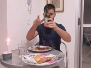 romantic dinner date - handsome husband cums on pizza -