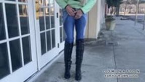 MILF Greta floods her jeans while waiting for her Uber ride at the shopping center - HD MP4