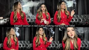 Elegant woman in red outfit smoking marlboro red 100s!