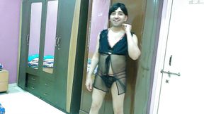 Sexy sissy crossdresser femboy Sweet Lollipop in a sexy black lingerie.