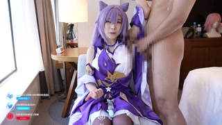 Japanese cosplayer gives a guy an armpitjob and handjob
